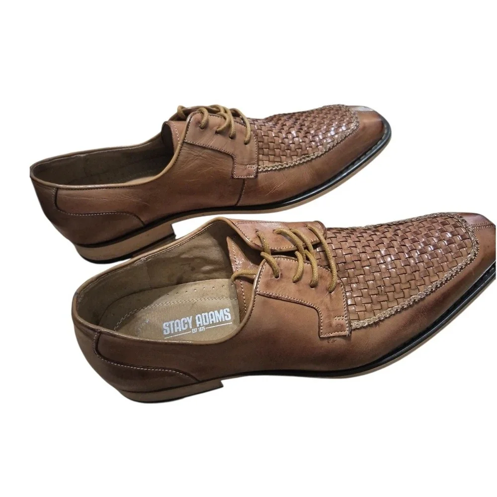 Stacy Adams Woven‎ Leather Derby Dress Shoes Mens 9M Brown Good